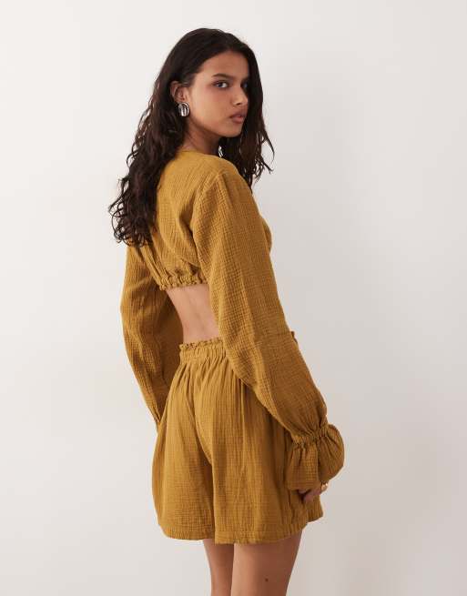 ASOS DESIGN pull on shorts co-ord in cheesecloth with rope tie in olive, 5 of 5