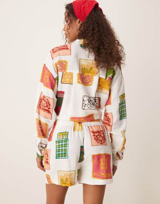 ASOS DESIGN pull on shorts with linen co-ord in matchbox print, 3 of 5