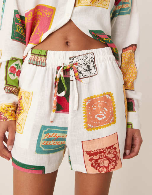 ASOS DESIGN pull on shorts with linen co-ord in matchbox print, 4 of 5
