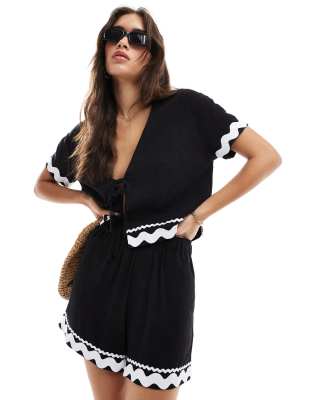 ASOS DESIGN PULL ON SHORTS WITH RICK RACK TRIM IN BLACK - PART OF A SET