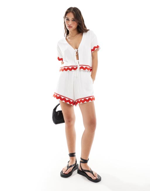 ASOS DESIGN pull on shorts with rick rack trim in white - part of a set