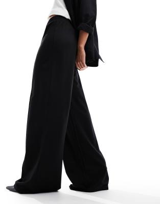 Asos Design Pull On Slub Wide Leg Pants In Black