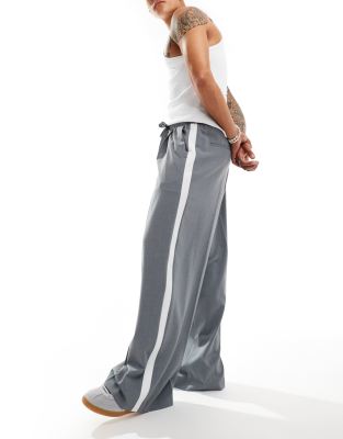 Asos Design Pull On Smart Loose Leg Pants With Cut And Sew Side Stripe In Gray