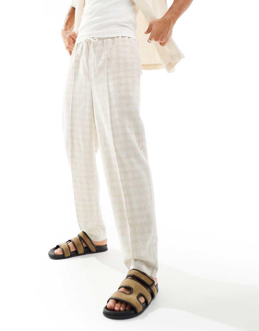 ASOS DESIGN pull on smart oversized tapered linen blend trousers in neutral check