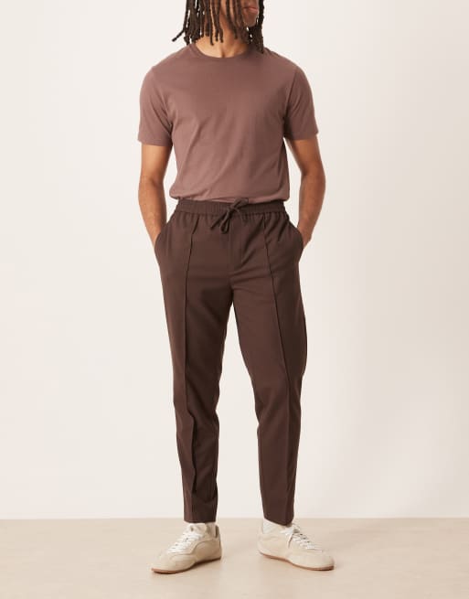 ASOS DESIGN pull on smart tapered pants in brown flannel with pintuck, 3 of 5
