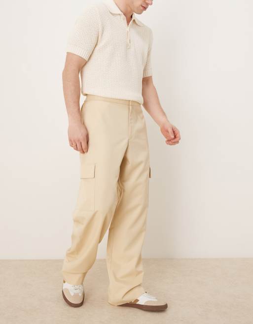 ASOS DESIGN pull on smart wide leg cargo pants with front pleat in buttermilk