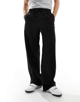 pull on smart wide leg elasticated waist pants in black