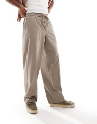 pull-on smart wide leg elasticized waist pants in stone-Neutral