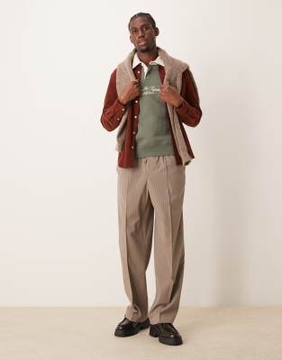 pull on smart wide leg pants in brown pinstripe