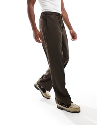 asos ASOS DESIGN pull on smart wide leg trousers in dark brown