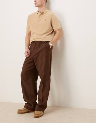 pull on smart wool mix wide leg elastic pants in camel pinstripe-Brown