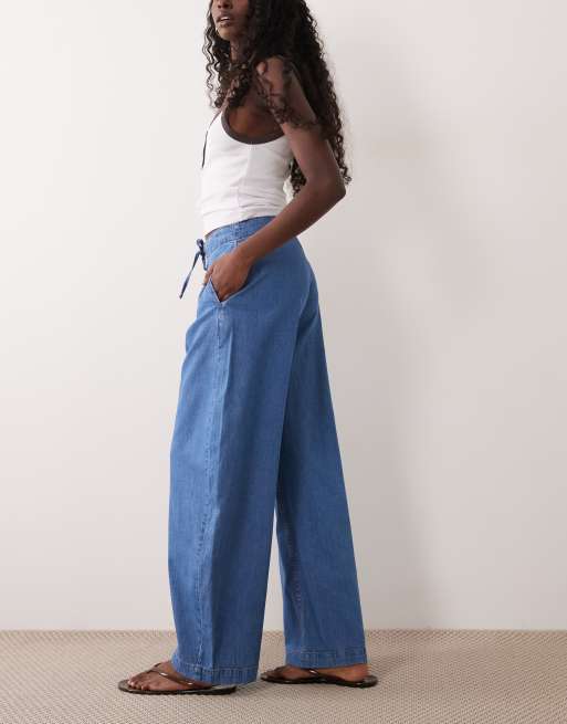 ASOS DESIGN pull on soft denim horsehoe trouser in midwash blue, 2 of 5