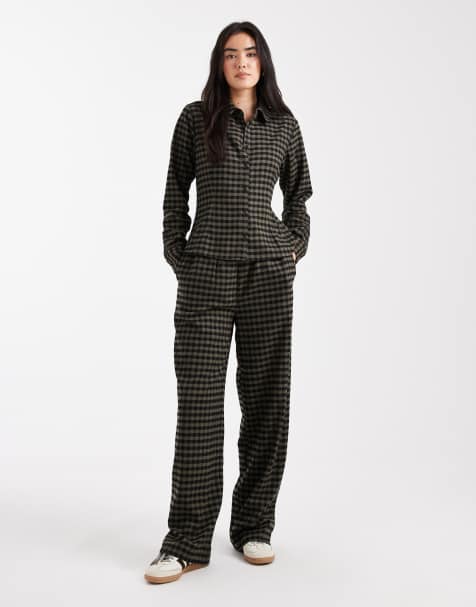 ASOS DESIGN pull on tie waist barrel leg pants in black & khaki green plaid - part of a set - view 1