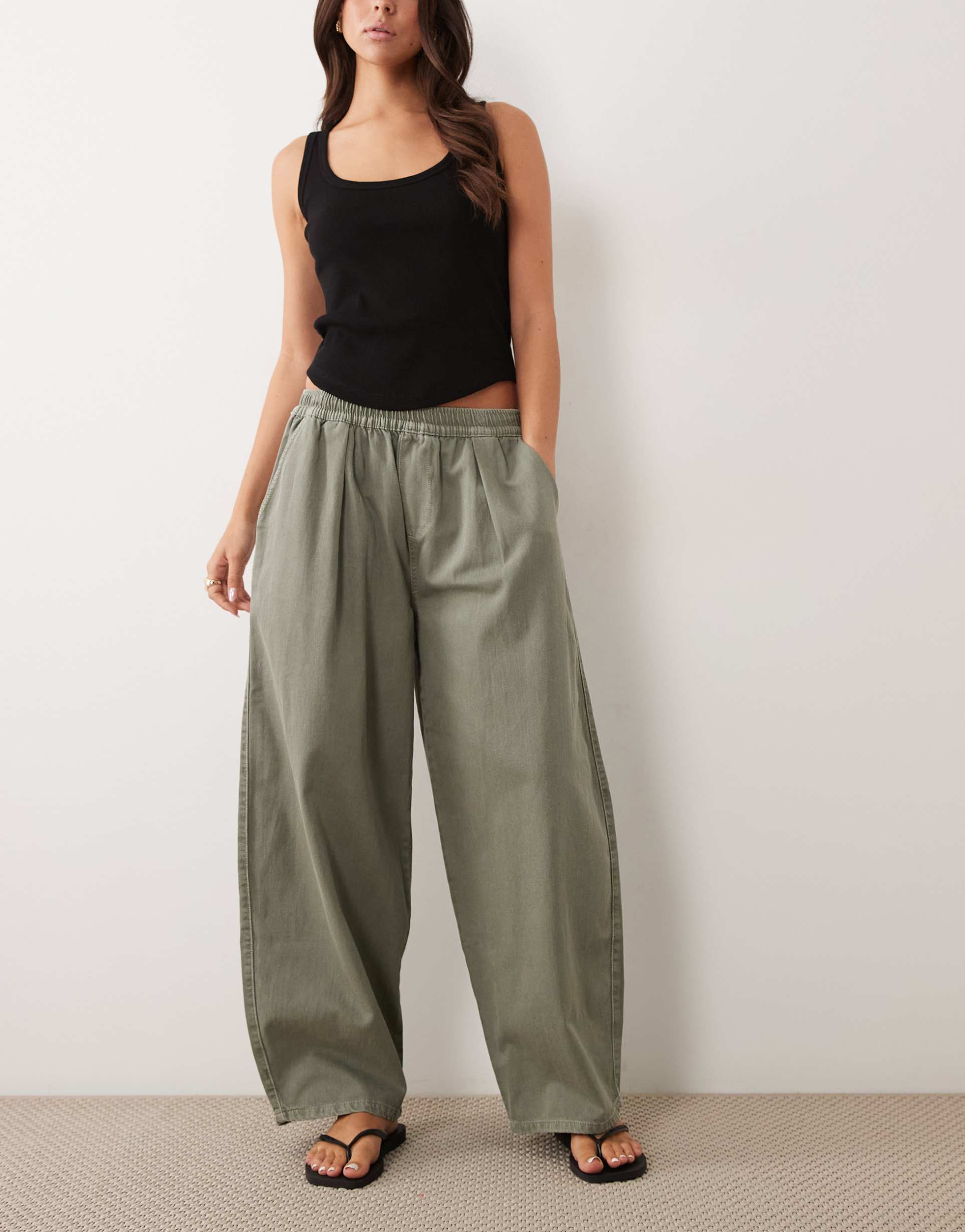 asos design pull on tie waist pants in washed khaki