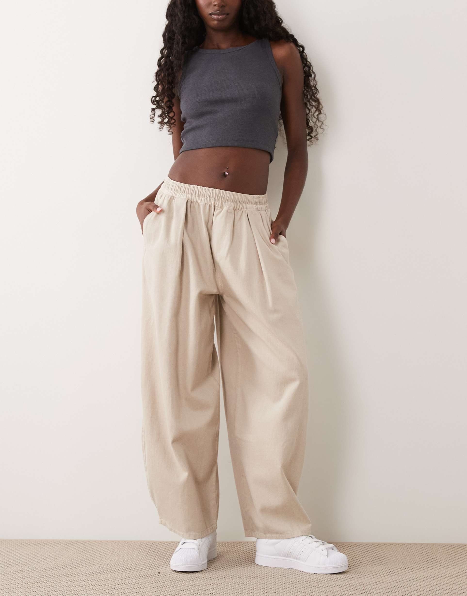 asos design pull on tie waist pants in washed neutral