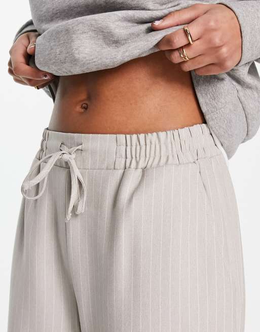 ASOS DESIGN wide leg trouser in stripe with waistband detail in grey