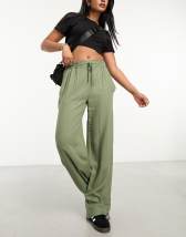 Pull&Bear relaxed linen trouser in olive green