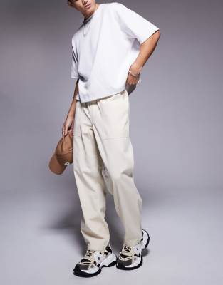 ASOS DESIGN pull on trouser with carpenter detailing in beige-Neutral