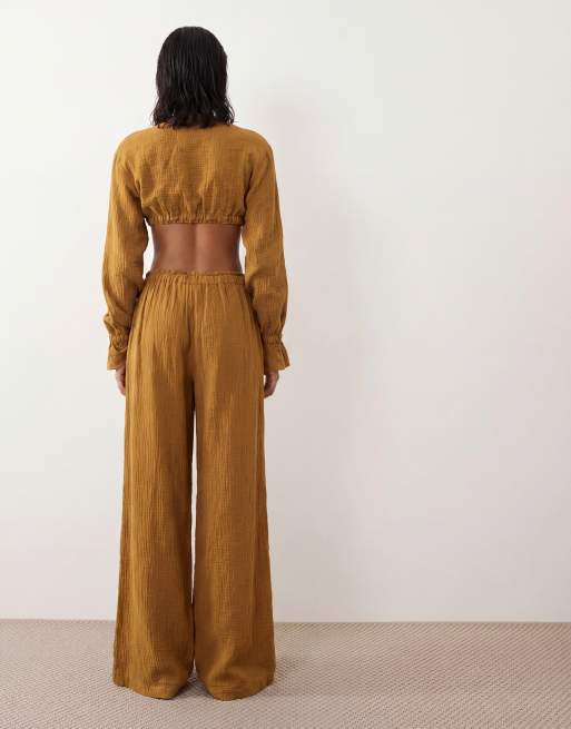 ASOS DESIGN pull on trousers co-ord in cheesecloth with rope tie in olive, 4 of 5