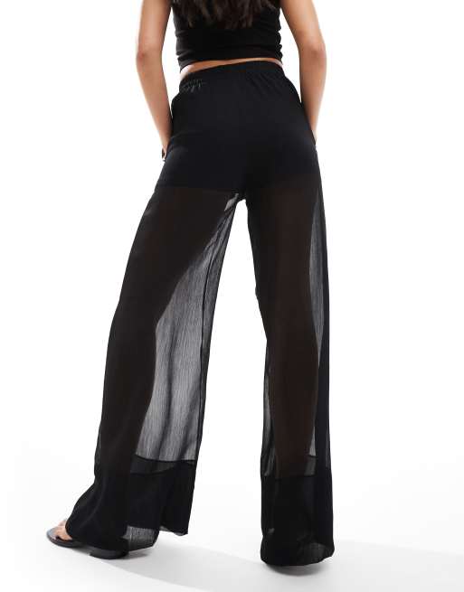 ASOS DESIGN pull on trousers with sheer overlay in black , 2 of 5