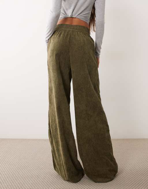 ASOS DESIGN pull on waist wide leg cord pants in dark khaki, 2 of 5