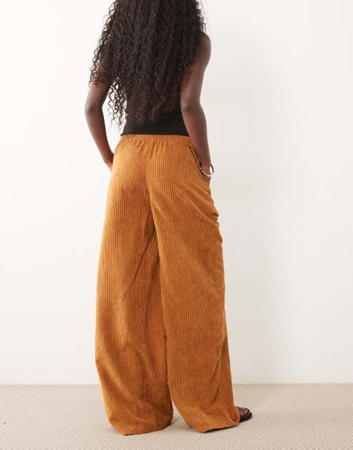 ASOS DESIGN pull on waist wide leg cord trousers in camel, 5 of 5