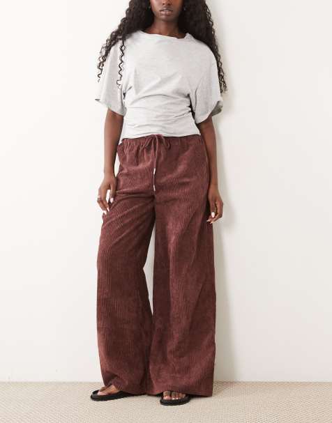 ASOS DESIGN pull on waist wide leg cord trousers in dark chocolate - view 1