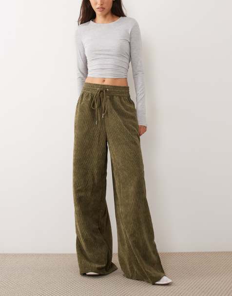 ASOS DESIGN pull on waist wide leg cord trousers in dark khaki - view 1