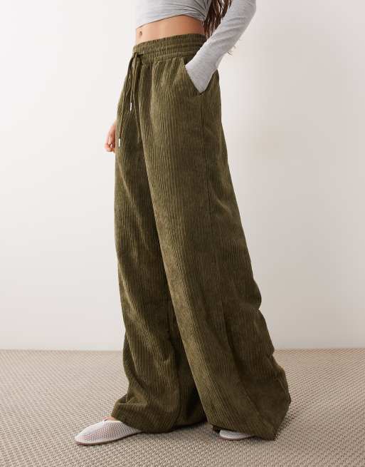 ASOS DESIGN pull on waist wide leg cord trousers in dark khaki, 5 of 5