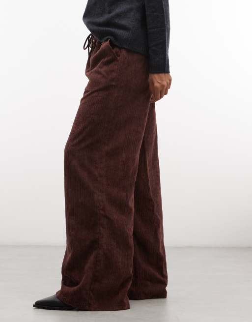 ASOS DESIGN pull on waist wide leg corduroy pants in dark chocolate, 2 of 5