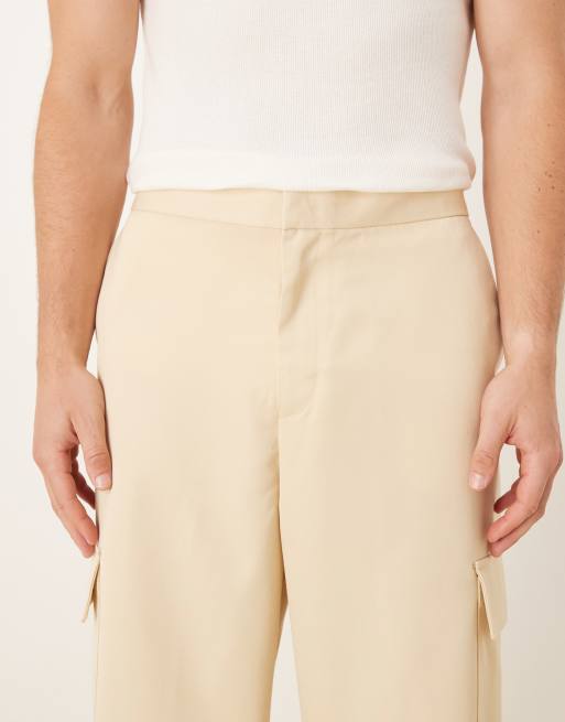 ASOS DESIGN pull on wide leg cargo dress pants with front pleat in buttermilk, 4 of 5