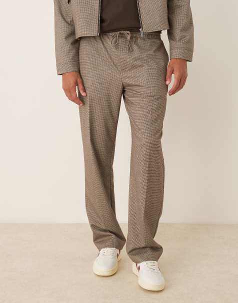 ASOS DESIGN pull on wide leg dress pants in brown microplaid - part of a set - view 1