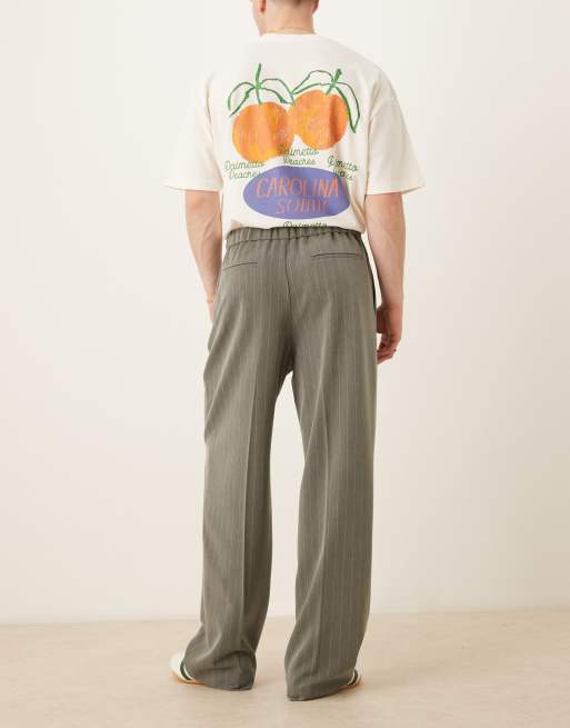 ASOS DESIGN pull on wide leg dress pants in gray pinstripes