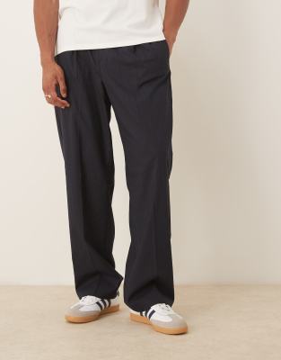 pull on wide leg dress pants in navy pinstripe with elastic waist - part of a set