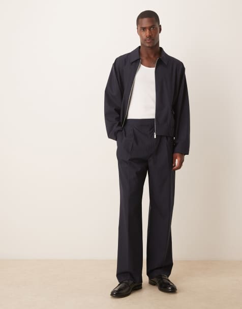 ASOS DESIGN pull on wide leg dress pants in navy pinstripe with elastic waist - part of a set - view 1