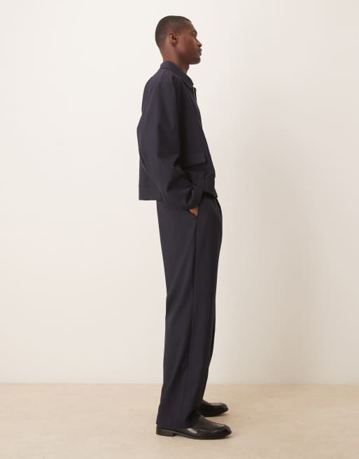 ASOS DESIGN pull on wide leg dress pants in navy pinstripe with elastic waist - part of a set