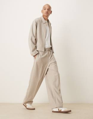 ASOS DESIGN pull on wide leg dress pants in stone texture slub - part of a set-Neutral