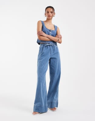 Asos Design Pull-on Wide Leg Jeans With Stripe In Blue