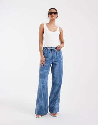 Asos Design Pull-on Wide Leg Jeans With Stripe In Blue