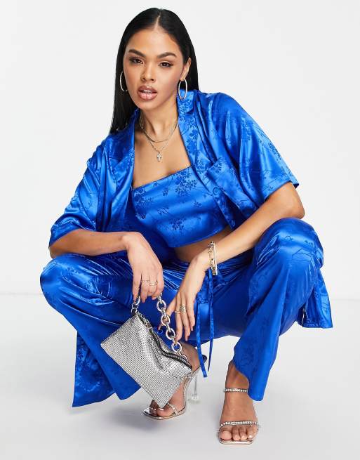 ASOS DESIGN pull on wide leg pants in cobalt satin jacquard - part of a set