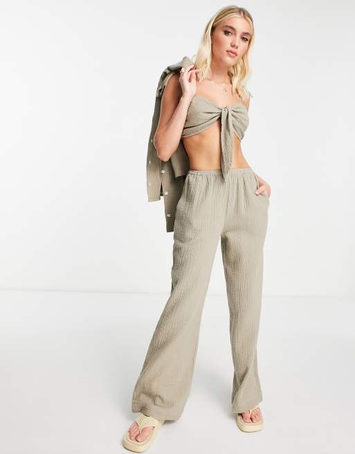 ASOS DESIGN pull on wide leg pants in khaki cheesecloth part of a set