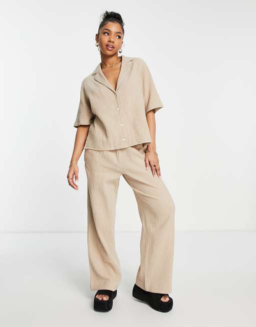 ASOS DESIGN pull on wide leg pants in latte cheesecloth - part of a set