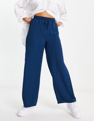 Asos Design Pull On Wide Leg Pants In Navy-blue