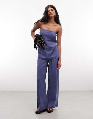 Asos Design Pull-on Wide Leg Pants With Slit In Navy