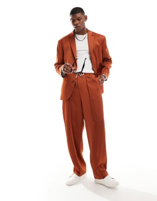 Asos Design Pull On Wide Leg Suit Pants In Tobacco-brown