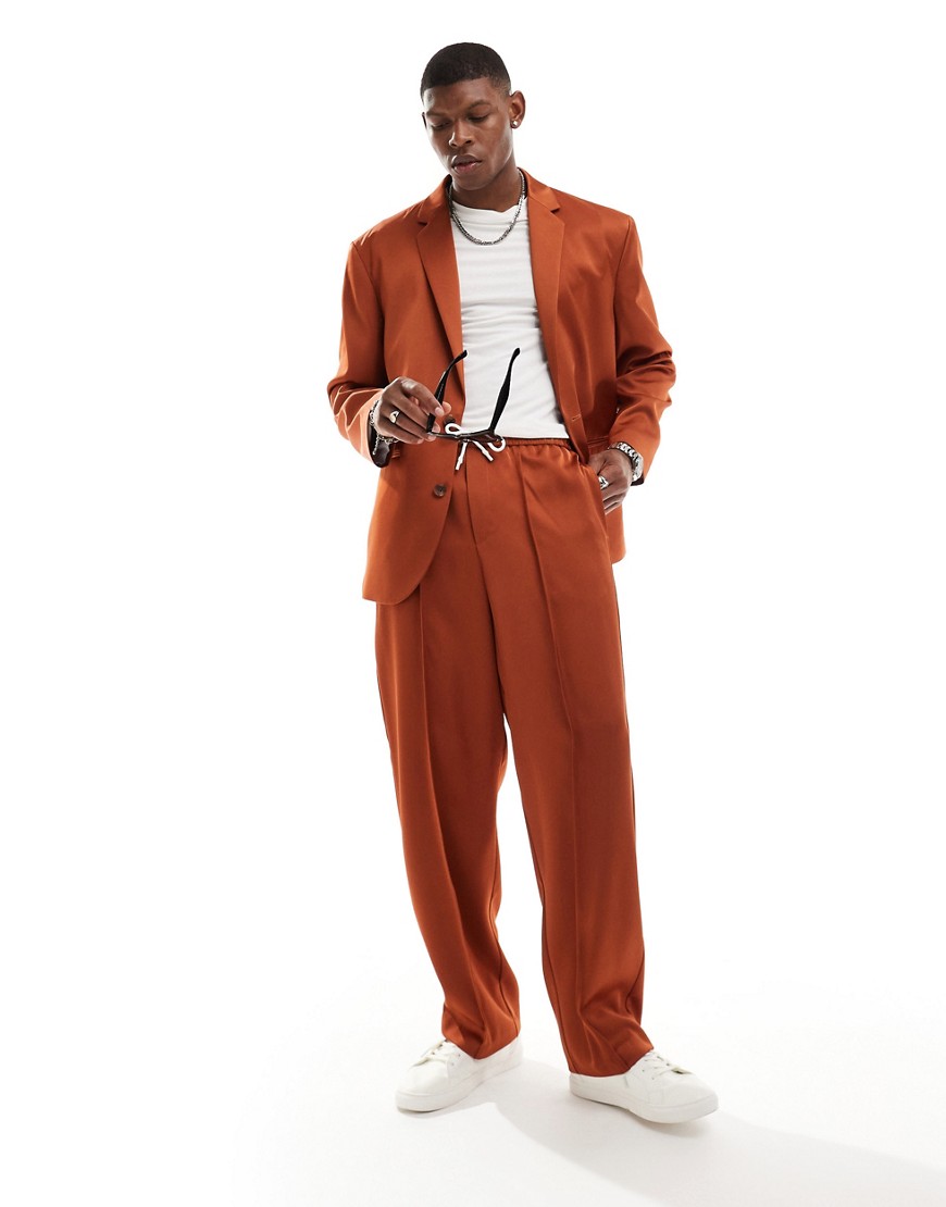 Asos Design Pull On Wide Leg Suit Pants In Tobacco-brown