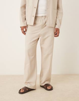 ASOS DESIGN pull on wide leg suit trouser with linen in ecru-Neutral