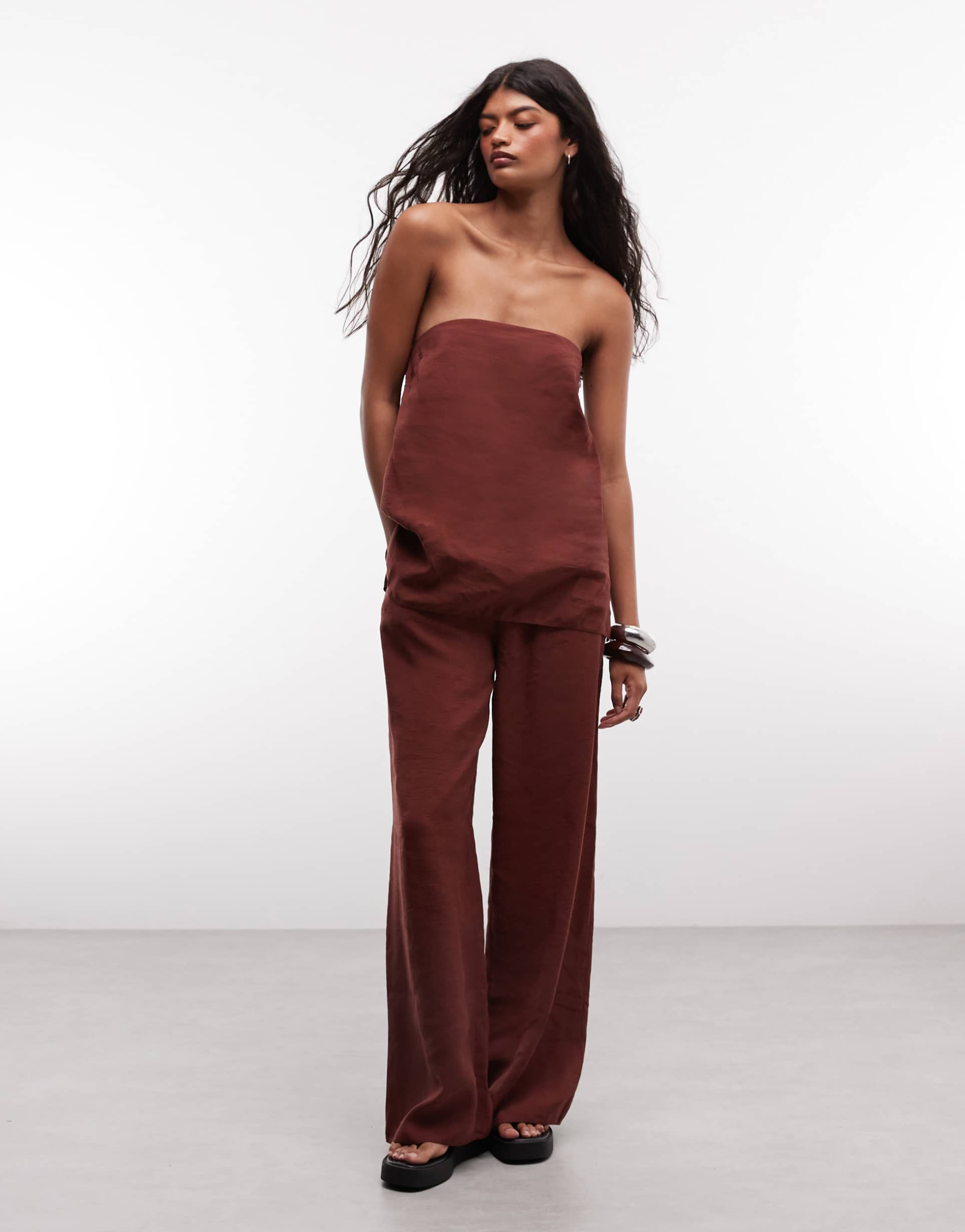 ASOS DESIGN pull on wide leg trousers with split co-ord in chocolate
