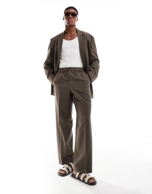 ASOS DESIGN ASOS DESIGN pull on wide suit trousers in textured melange in brown