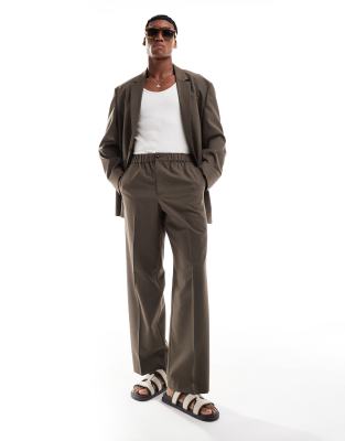 ASOS DESIGN pull on wide suit trousers in textured melange in brown